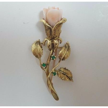 Vintage-14k-Yellow-Gold-Peach-Coral-Brooch-Rose-Flower-Pin-182517066158