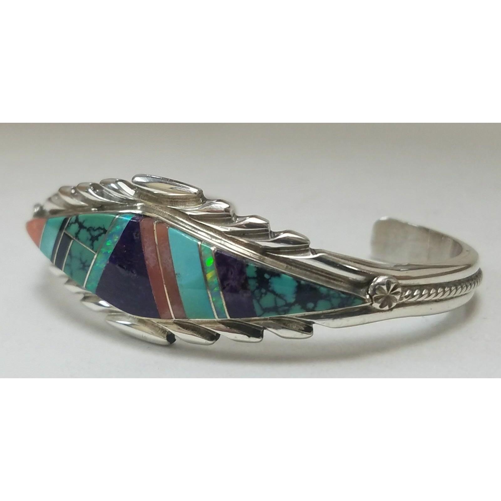 Navajo Sterling Silver TF Turquoise Opal Black Onyx Coral Inlay Cuff ...